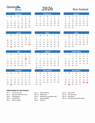 New Zealand current year calendar 2026 with holidays