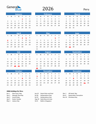 Peru current year calendar 2026 with holidays