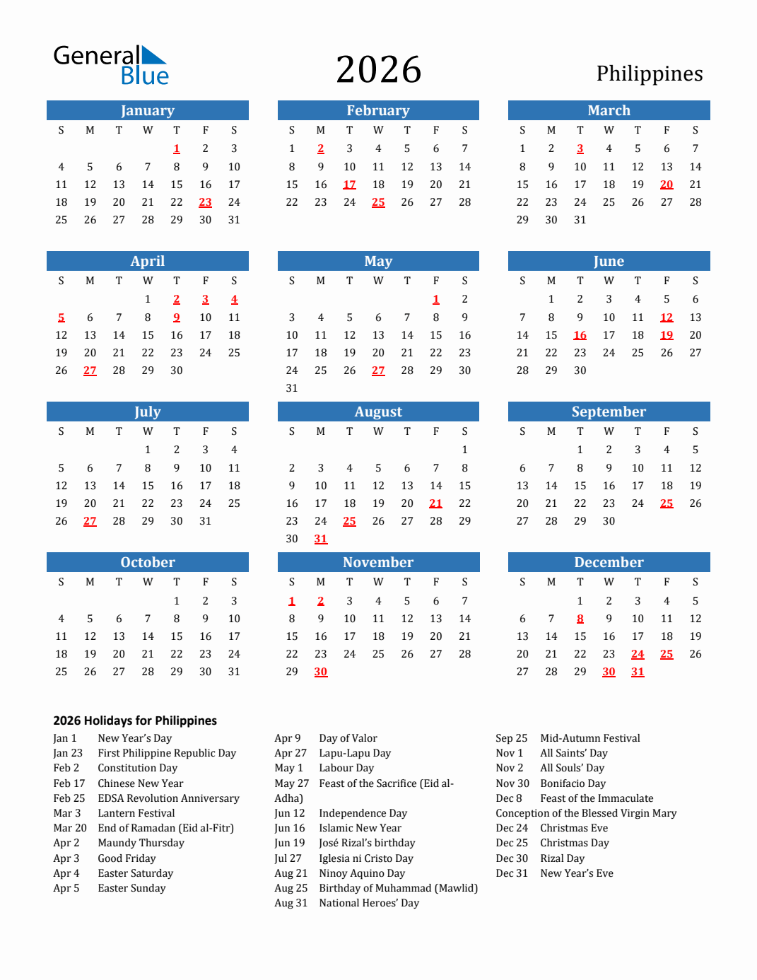 2026 Philippines Calendar with Holidays