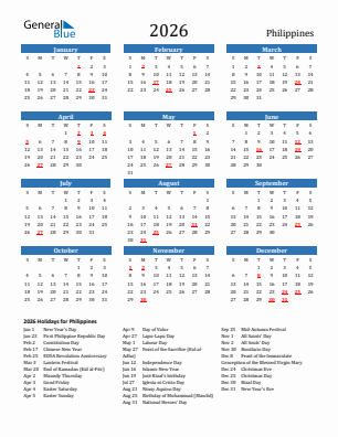 Philippines current year calendar 2026 with holidays