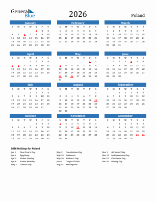 Poland current year calendar 2026 with holidays