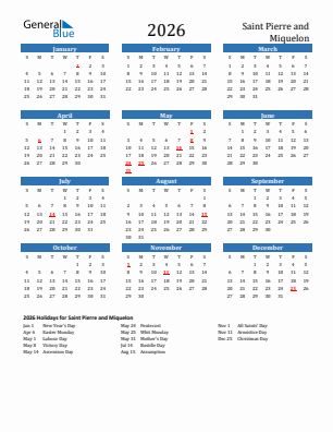 Saint Pierre and Miquelon current year calendar 2026 with holidays