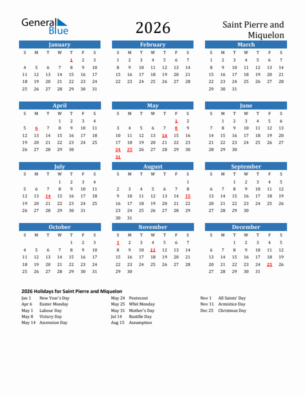 Saint Pierre and Miquelon 2026 Calendar with Holidays