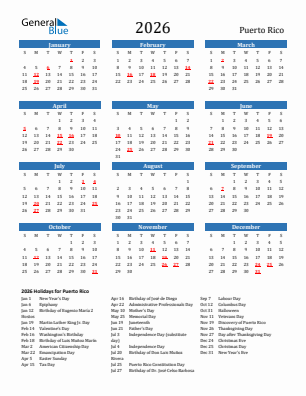 Puerto Rico current year calendar 2026 with holidays
