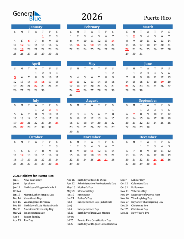 Puerto Rico 2026 Calendar with Holidays