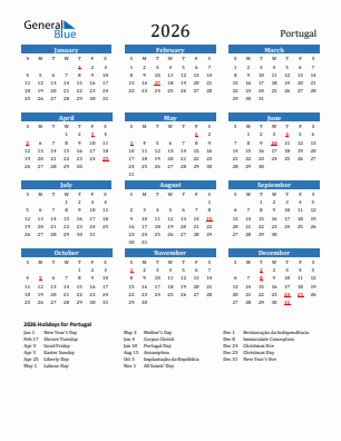 Portugal current year calendar 2026 with holidays