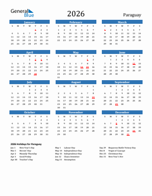 Paraguay current year calendar 2026 with holidays