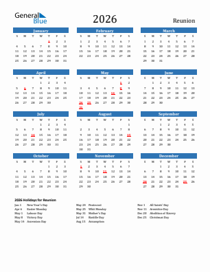 Reunion current year calendar 2026 with holidays