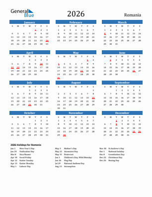 Romania current year calendar 2026 with holidays