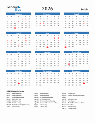 Serbia current year calendar 2026 with holidays