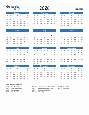 Russia current year calendar 2026 with holidays