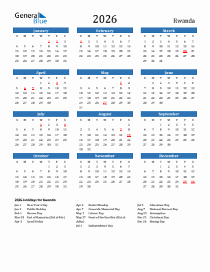 Rwanda current year calendar 2026 with holidays