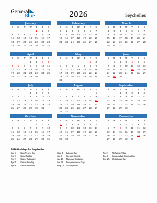 Seychelles current year calendar 2026 with holidays