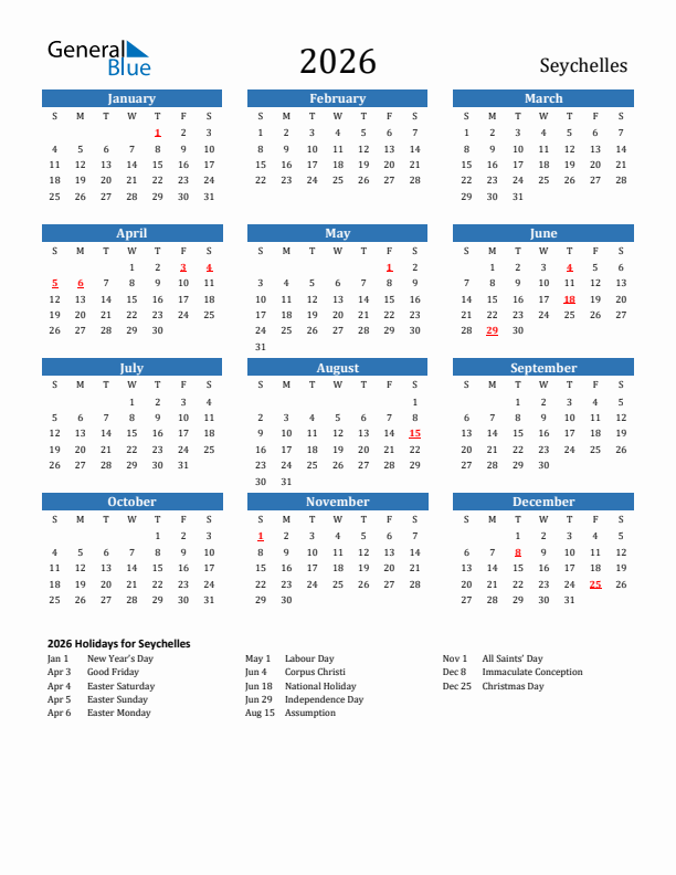 Seychelles 2026 Calendar with Holidays