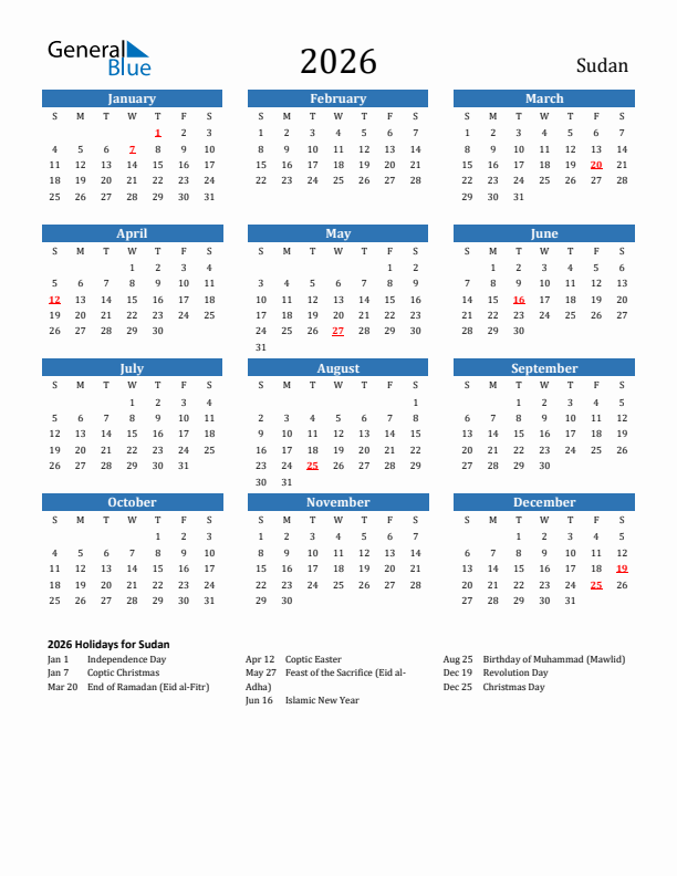 Sudan 2026 Calendar with Holidays