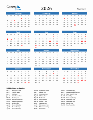 Sweden current year calendar 2026 with holidays