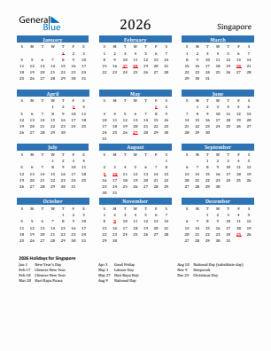 Singapore current year calendar 2026 with holidays