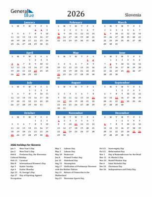 Slovenia current year calendar 2026 with holidays