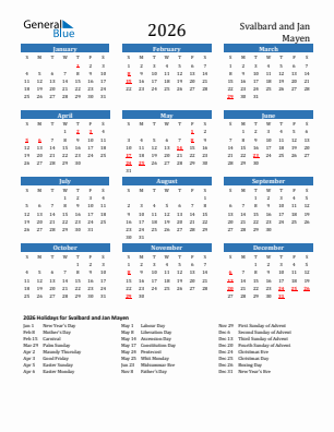 Svalbard and Jan Mayen current year calendar 2026 with holidays