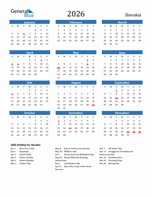 Slovakia current year calendar 2026 with holidays