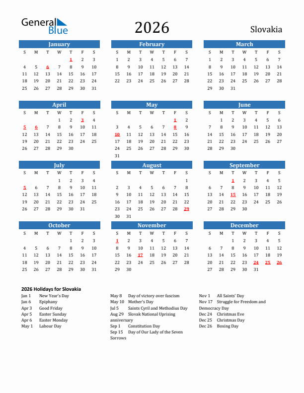 Slovakia 2026 Calendar with Holidays