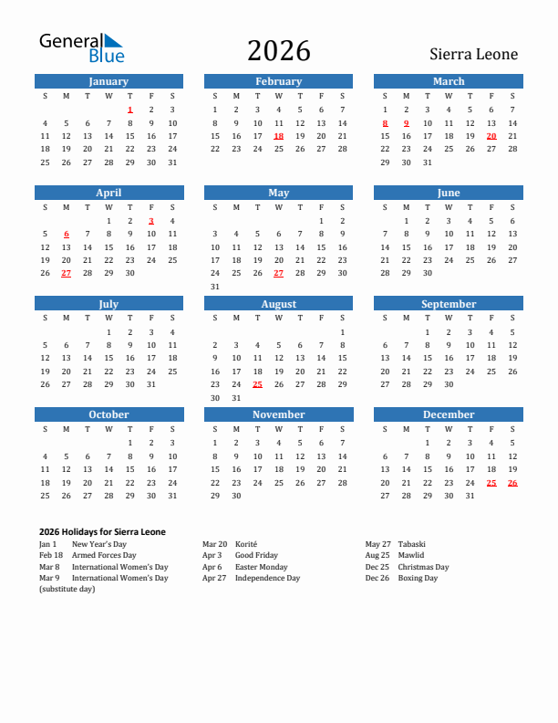 Sierra Leone 2026 Calendar with Holidays