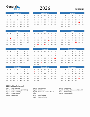 Senegal current year calendar 2026 with holidays