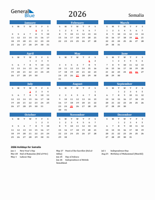 Somalia current year calendar 2026 with holidays