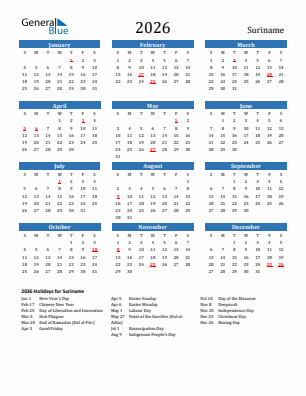 Suriname current year calendar 2026 with holidays
