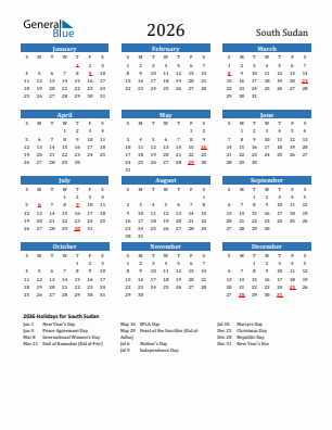 South Sudan current year calendar 2026 with holidays