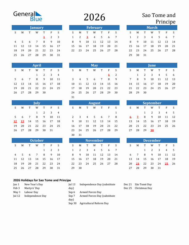 Sao Tome and Principe 2026 Calendar with Holidays