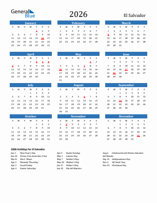 El Salvador current year calendar 2026 with holidays