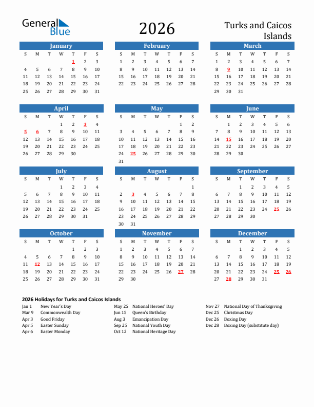 Turks and Caicos Islands 2026 Calendar with Holidays