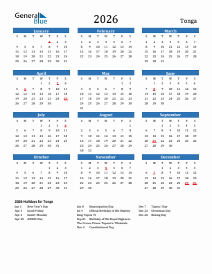 Tonga current year calendar 2026 with holidays