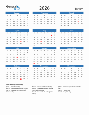 Turkey current year calendar 2026 with holidays