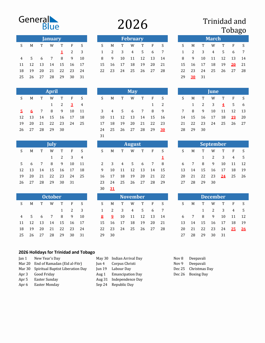 2026 Trinidad and Tobago Calendar with Holidays