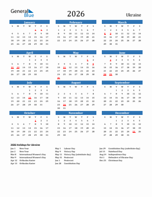 Ukraine current year calendar 2026 with holidays