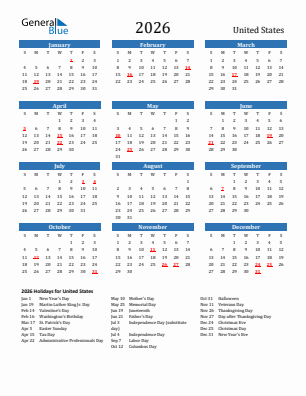 United States current year calendar 2026 with holidays