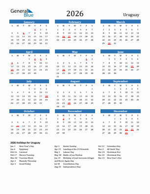 Uruguay current year calendar 2026 with holidays