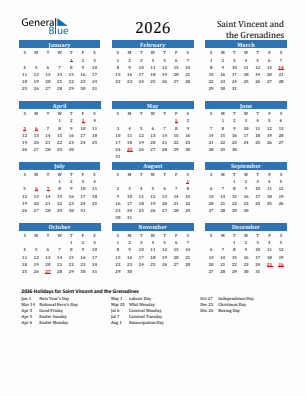 Saint Vincent and the Grenadines current year calendar 2026 with holidays