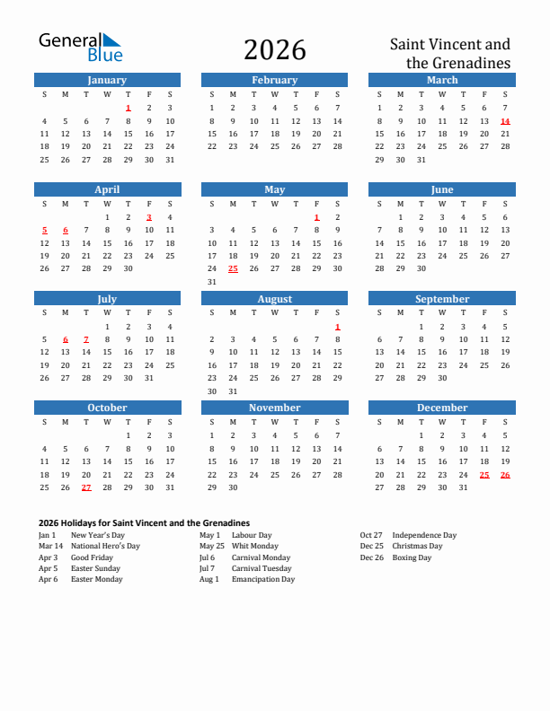 Saint Vincent and the Grenadines 2026 Calendar with Holidays