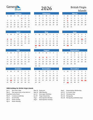 British Virgin Islands current year calendar 2026 with holidays