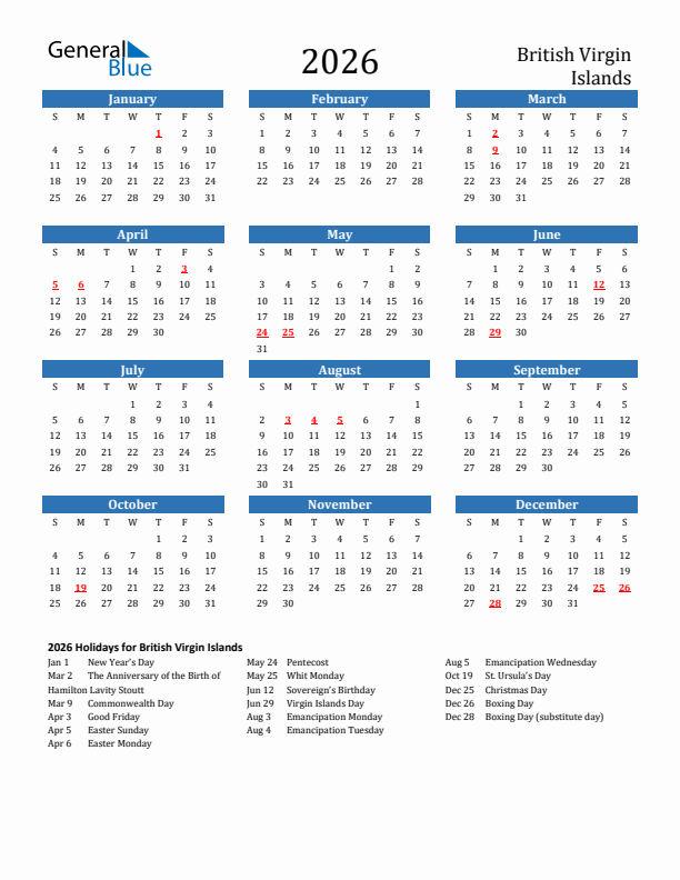 British Virgin Islands 2026 Calendar with Holidays
