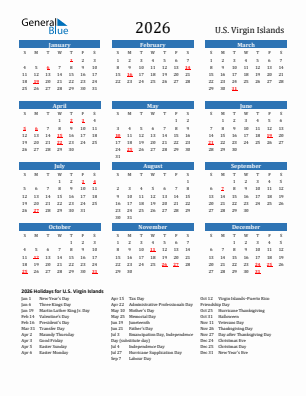 U.S. Virgin Islands current year calendar 2026 with holidays