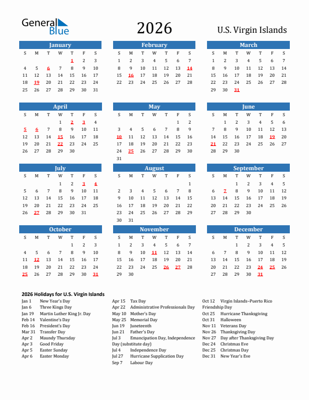U.S. Virgin Islands 2026 Calendar with Holidays