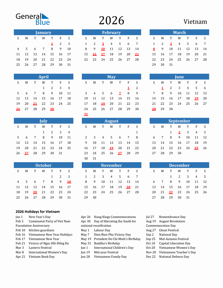 Vietnam 2026 Calendar with Holidays