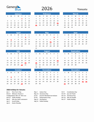 Vanuatu current year calendar 2026 with holidays