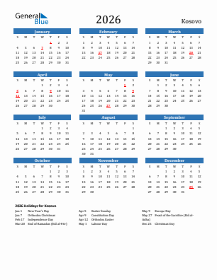 Kosovo current year calendar 2026 with holidays