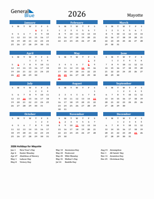 Mayotte current year calendar 2026 with holidays
