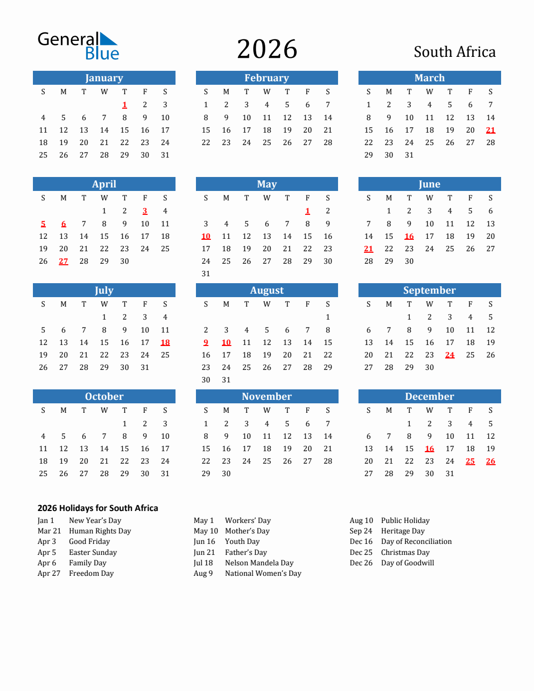 2026 south africa calendar with holidays